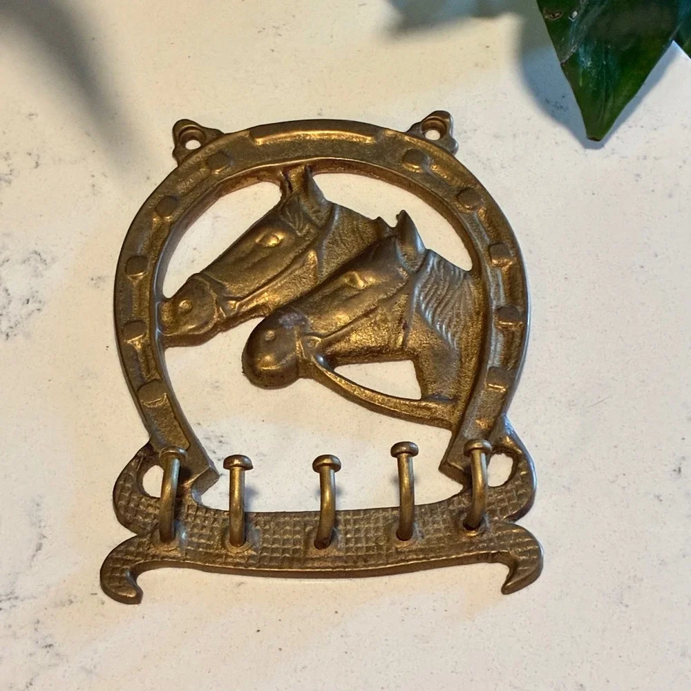 Key Rack Brass Horse Head Horseshoe 5 Hook Wall Mount Decor Equestrian Western